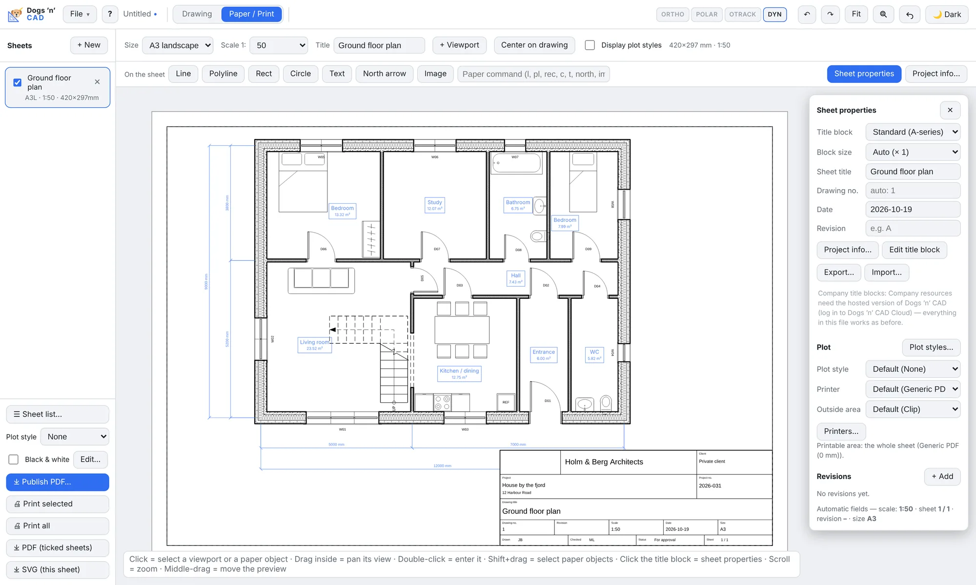 The paper view: an A3 sheet at 1:50 with the floor plan and a filled-in title block, with the sheet properties panel open
